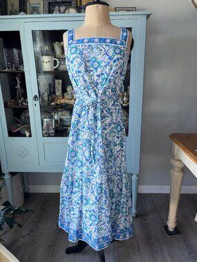 Talbots Midi Sun Dress Size 10 Sleeveless Blue/Lavender Floral Pattern Tie Belt